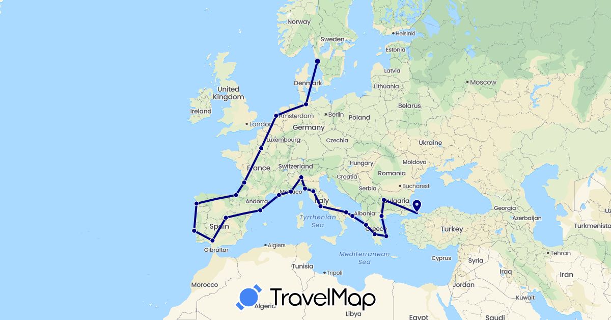 TravelMap itinerary: driving in Bulgaria, Germany, Spain, France, Greece, Italy, Monaco, Netherlands, Portugal, Sweden, Turkey (Asia, Europe)